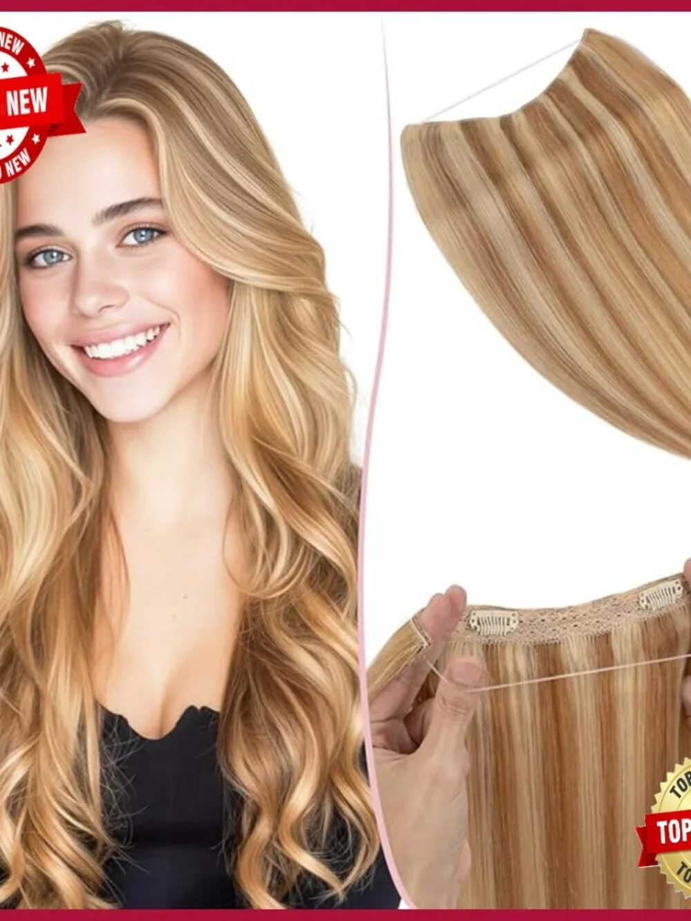 16 Inch Real Human Hair Halo Extensions with Invisible Wire Adjustable Size